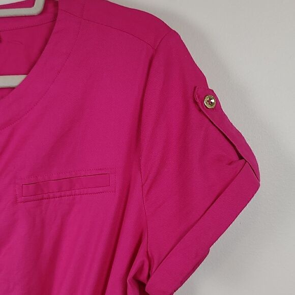 Halston Cinched Button Front Dress Bright Rose NWOT - Picture 3 of 11